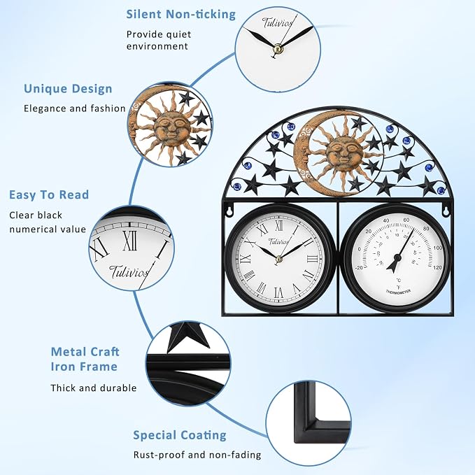 17Inch Large Outdoor Clock,Waterproof Wall Clock with Thermometer,Weatherproof Non-Ticking Quartz Battery Operated Decor Clock for Patio,Garden,Pool,Porch,House Warming Gifts