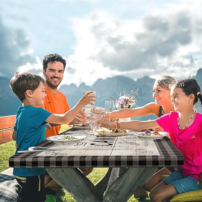 Picnic Table Cover with Bench Covers Elastic Edges, Blue Camper Fitted Table Cover, Outdoor Patio Camping Essentials 72 Inch 3PCS, Waterproof Camping Fitted Tablecloth with Drawstring Bag