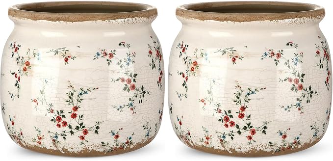 2 Pcs Vintage Planter Ceramic Plants Pot with Drainage Ice Crack Scroll Flower Vase Pot for Indoor Outdoor Plants Home Kitchen Decor Gifts(Rustic Rose,5.9")