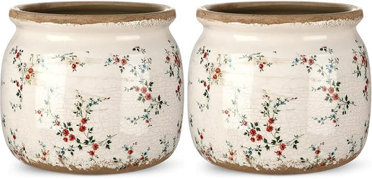 2 Pcs Vintage Planter Ceramic Plants Pot with Drainage Ice Crack Scroll Flower Vase Pot for Indoor Outdoor Plants Home Kitchen Decor Gifts(Rustic Rose,5.9")