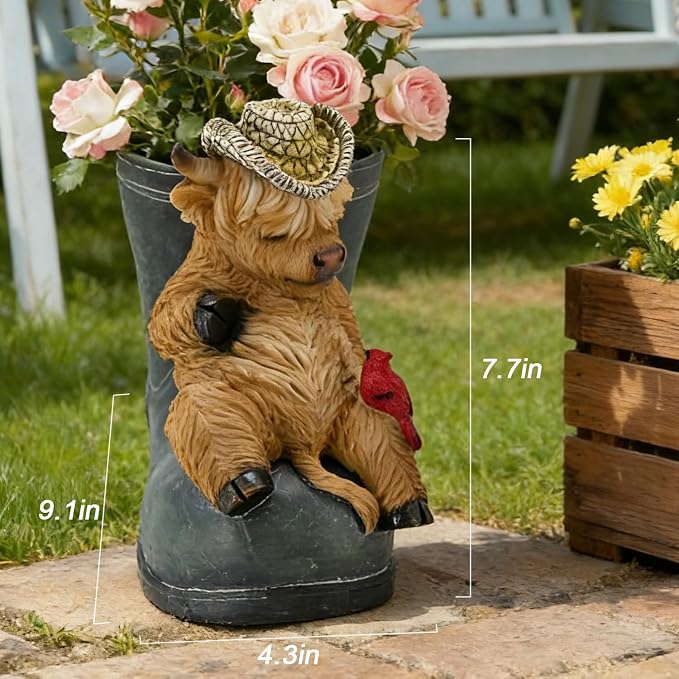 Rain Boot Planter with Sleeping Highland Cow - Unique Outdoor Resin Flower Planters for Garden Decor Patio Porch - Cute Decorative Pots for Succulents