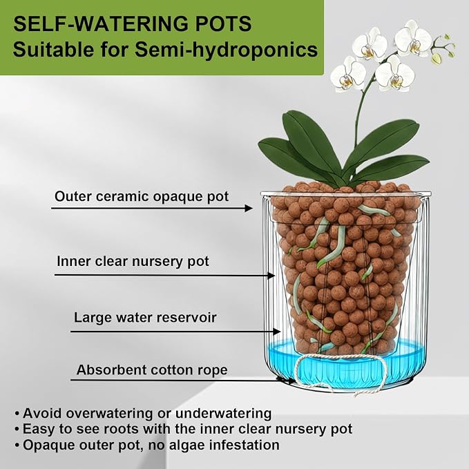 Set of 2 self Watering Ceramic pots for Indoor Plants with 5 inch Clear Inner Pot (Black, 5 inch)