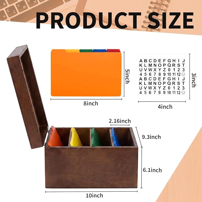 Henoyso 5 x 8 Inch Index Card Holder Set, Bamboo Index Cards Organizer, 50 Pcs Dividers 2 Sheets Alphabet Number Stickers File Note Holders for Office Business Classroom, Brown