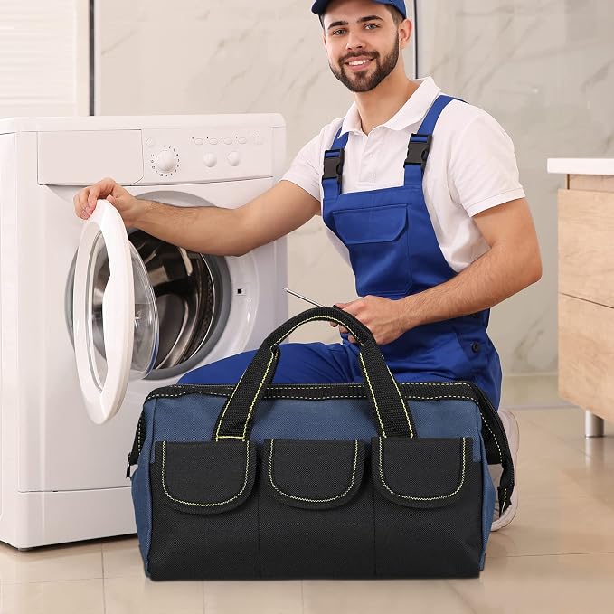 Sanwuta 3 Pack Tool Bag for Men with Waterproof Hard Bottom, Heavy Duty Tool Bag Wide Mouth Tote for Various Instrument, Electrician Carpenter Mechanic(Blue,18 Inch,Classic)