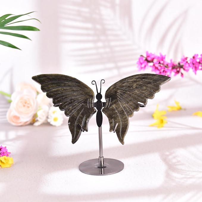 JIC Gem Natural Golden Obsidian Crystals Butterfly Decorative Rocks Stones Healing Crystal Carved Angel Wings Figurine with Display Decor Reiki Gifts (1pair, 10cm)