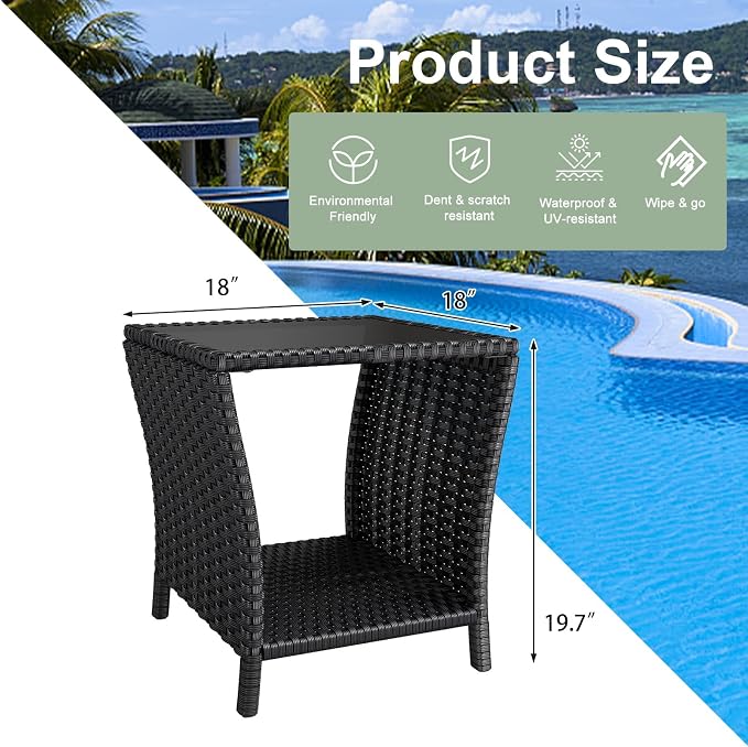 kinbor Small Outdoor Table - Tempered Glass Top Small Outdoor Wicker Side Table with Storage Shelf for Patio, Balcony & Porch, Durable PE Rattan & Iron Frame