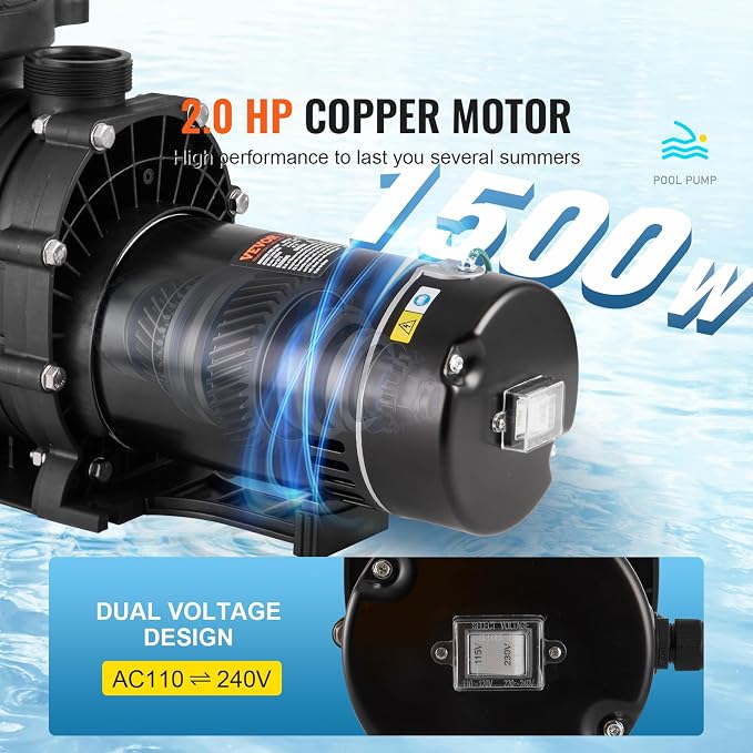 VEVOR Above Ground Pool Pump, 2 HP Single-Speed Operation Pump with 110 GPM Max Flow, 3450 RPM, 110V/240V, 59 ft Max Head, Equipped with a Filter Basket, for Above Ground Pools, Spas, and Hot Tubs