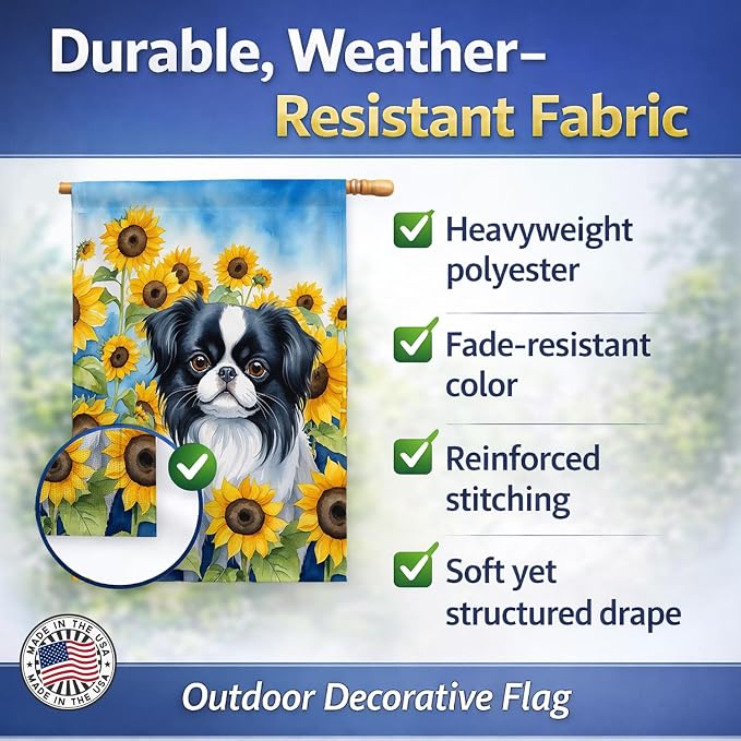 Caroline's Treasures DAC6103CHF Japanese Chin in Sunflowers House Flag Large Porch Sleeve Pole Decorative Outside Yard Banner Artwork Wall Hanging, Polyester, House Size, Multicolor