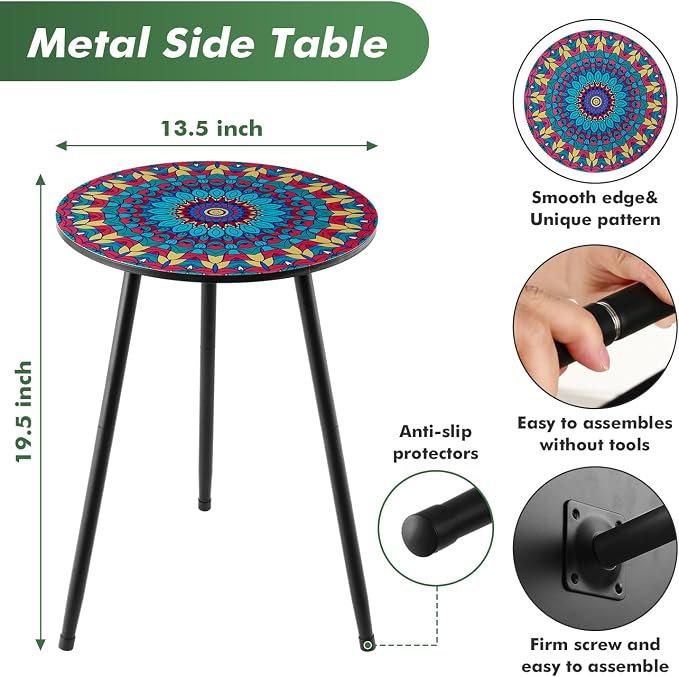 2 Pack Metal Mosaic Round Side Tables 13.4" Small Outdoor Patio Round Accent Coffee Tables Indoor Corner Stand for Small SpacesWeather-Resistant for Balcony, Porch Plant Stands Indoor, Rainbow Mandala