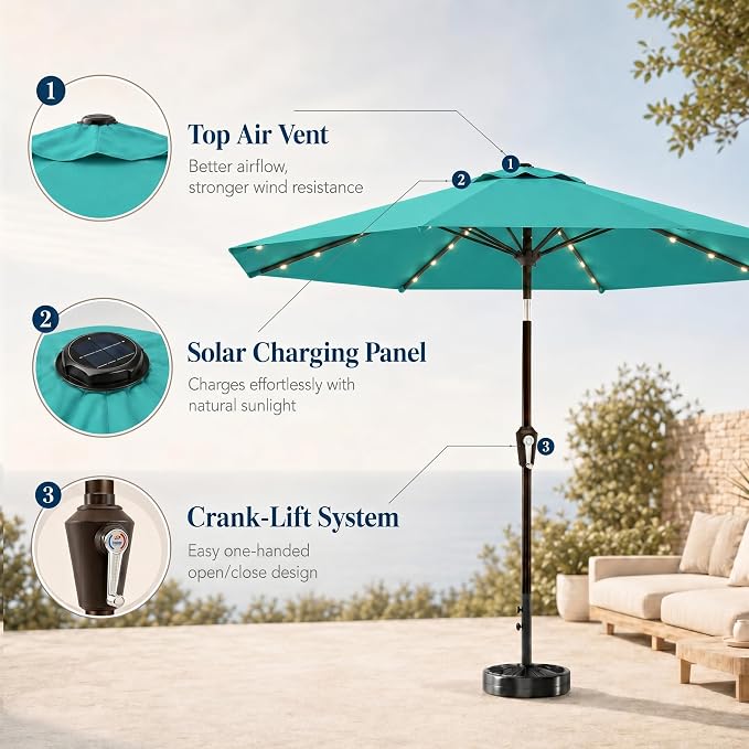 10FT Solar Patio Umbrella with Lights, Outdoor Table Market Umbrella with 32 LED Lights, 8 Sturdy Ribs, Push Button Tilt and Crank for Pool, Deck and Garden, UV-Resistant