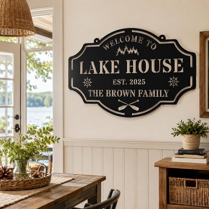 Personalized Metal Lake House Sign Custom Family Name Wall Art Rustic Cabin Decor for Entryway Porch Outdoor Lake Life Gift
