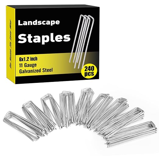 HongWay 240 Pack 6 Inch Landscape Staples, Garden Stakes Galvanized Tent Stakes Heavy Duty 11 Gauge SOD Landscaping Fabric Pins Yard Ground Lawn Staples for Plant Cover, Turf, Fence, Grass Decoration