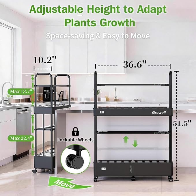 Growell 60 Pods Large Hydroponics Growing System, Vertical Indoor Garden | 2 Light Modes & 2 Timer, Smart Water Circulation, Movable with 4 Swivel Casters, 32L Large Water Tank, Space-Saving Design