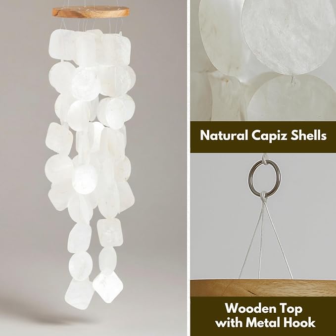 Solange & Frances Natural Capiz Shells Wind Chimes for Outside Beach Decor. Elegant Windchimes Coastal Decor Birthday Gifts for Women, Gift for Women, and Gifts for Mom
