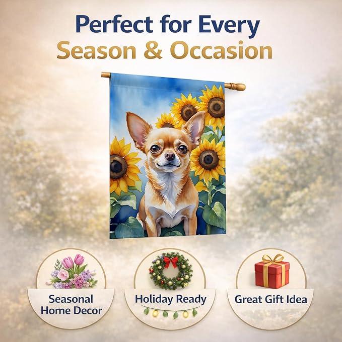 Caroline's Treasures DAC6051CHF Chihuahua in Sunflowers House Flag Large Porch Sleeve Pole Decorative Outside Yard Banner Artwork Wall Hanging, Polyester, House Size, Multicolor