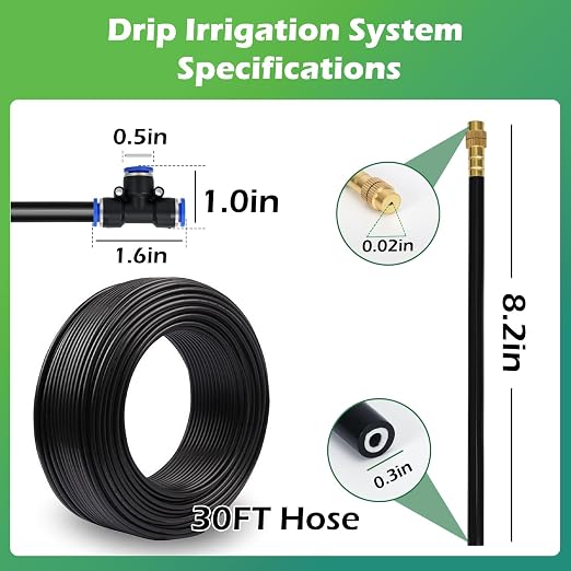 Drip Irrigation System 30 FT with 10 Nozzles, 360° Adjustable Bendable Garden Watering Misting System for Greenhouse, Yard, Lawn, Plant, Garden, 5/16 inch Hose (OD: 8mm)