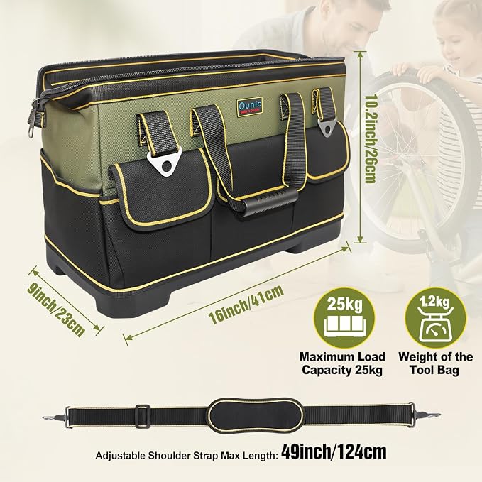 Tool Bag, Ounic 16 Inch BigTool Tote Bag Heavy Duty With Waterproof Molded Base, Wide Mouth Tool Box Organizer with Adjustable Shoulder Strap for Electrician Mechanic Craftsman Plumbers(Green)