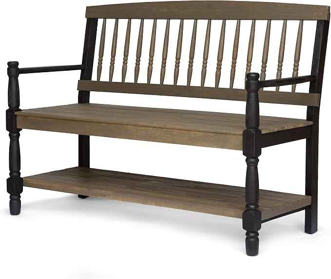 Great Deal Furniture Christopher Knight Home Daphne Outdoor Acacia Wood Bench with Shelf, Gray and Black Finish
