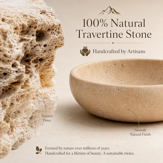 Natural Travertine Decorative Bowl 7.8", Travertine Bowl & Natural Stone Centerpiece for Coffee Table Decor, Ring Tray, For Entryway, Kitchen Fruit Bowl, Potpourri, Dining Table Centerpiece.