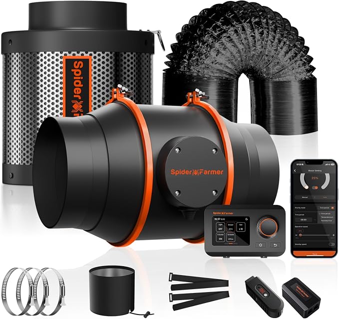 Spider Farmer 6 Inch Air Filtration Kit with Temp Humidity Controller | Includes GGS controller, inline fan, carbon filter, and 13 ft ducting for grow tent ventilation and hydroponics