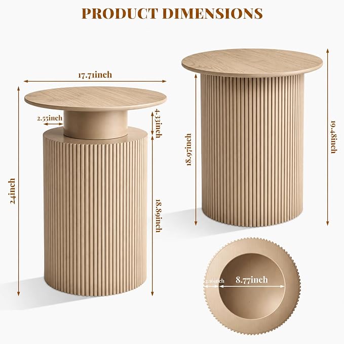 24" Fluted End Table Reversible, Hidden Storage, Natural Oak | Mid Century Modern Nightstand, Bedside Table, Cylinder Side Table, Pre-Threaded MDF, for Bedroom Living Room Office