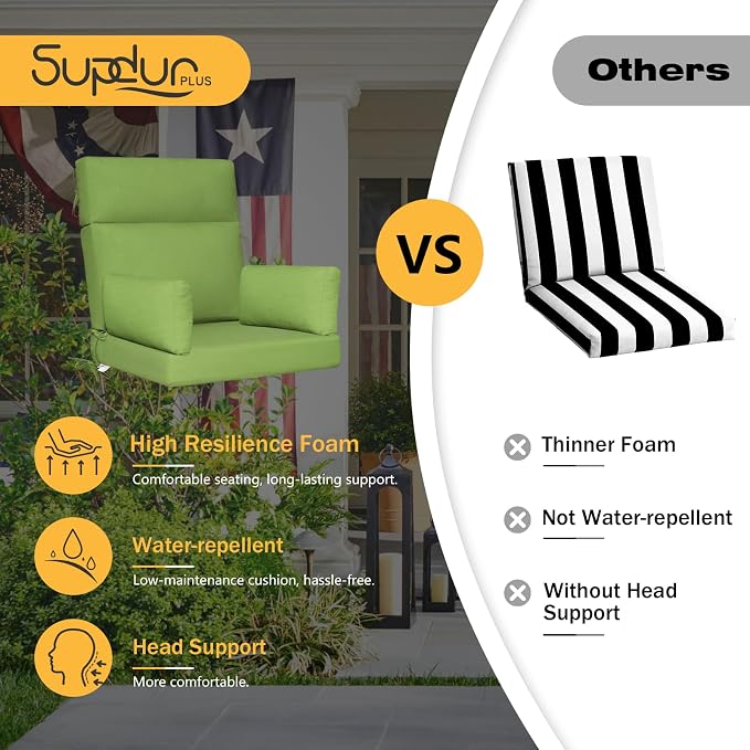 Sunbrella Outdoor High Back Chair Cushion, 2 Pack 48 x 24 inches Patio Chair Cushions Water Repellent Rocking Cushions Indoor Furniture Seat Pad with 2 Pillows, Canvas Ginkgo