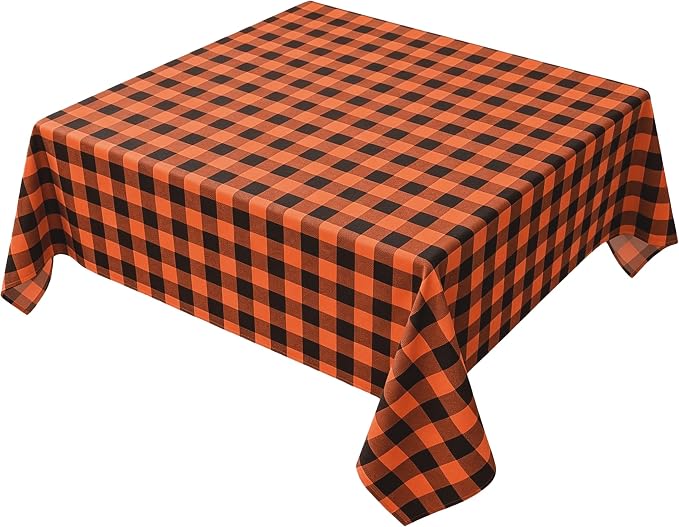 Waterproof Orange Plaid Tablecloth Fabric - Square 58x58 Inch Classic Gingham Checker Halloween Table Cloth for Indoor Use - Fall Tabletop Cover Perfect for Picnics, BBQs, and Parties