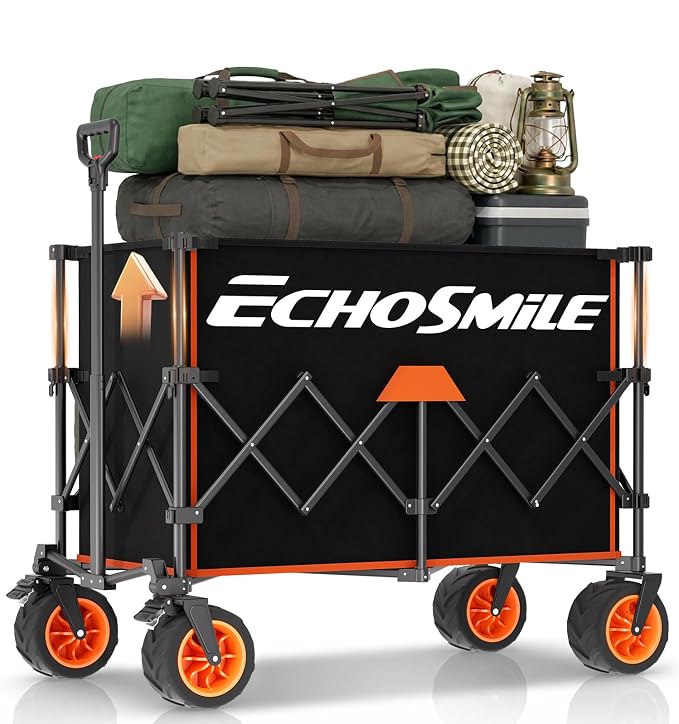 EchoSmile Collapsible Foldable Extended Wagon with 500Lbs Weight Capacity, 300L Folding Utility Wagon Cart with Big All-Terrain Wheels for Beach,Sport,Garden&Grocery (Black&Orange)