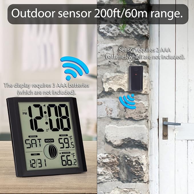 Atomic Wall Clock with Indoor/Outdoor Temp Large Number Display | Wall Clock Battery Operated, Alarm Clock,Silent,Analog,Modern,Digital,for Bedroom Dementia Seniors Desk Office Kitchen