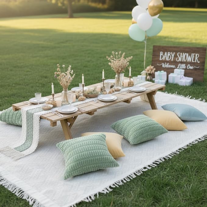 Beeveer 8 Pcs Sage Green Picnic Kit Extra Large Outdoor Boho Picnic Blanket 91x71'', Low Table Runner, 6 Throw Pillow Covers, Woven Cotton Yarn Oversize Washable Beach Blanket for Camp Wedding Garden