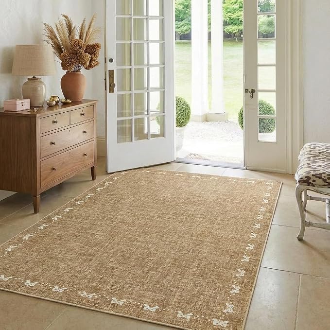 COZYLOOM Rugs for Living Room 4x6 Bow Border Area Rugs for Bedroom, Washable Area Rug with Non Slip Backing, Non Shedding Low Pile Modern Solid Color Carpet for Dining Room, Entryway, Kids Room, Brown