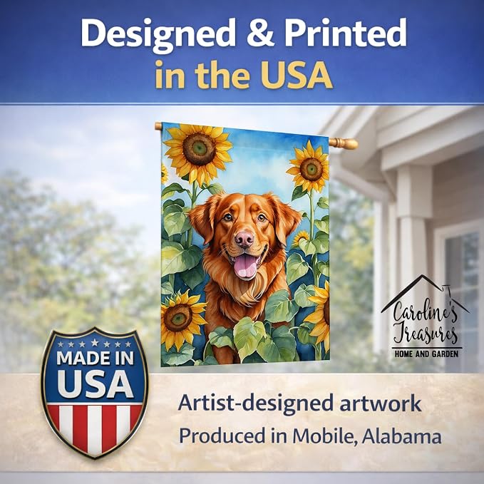 Caroline's Treasures DAC6128CHF Nova Scotia Duck Toller in Sunflowers House Flag Large Porch Sleeve Pole Decorative Outside Yard Banner Artwork Wall Hanging, Polyester, House Size, Multicolor