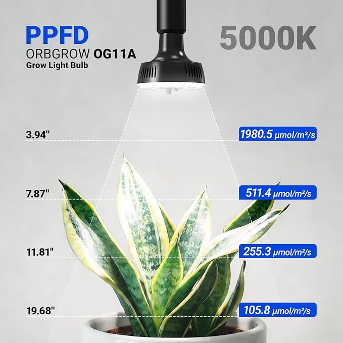 Barrina Orbgrow OG11A Grow Light Bulbs for Indoor Plants, Integrated Dimming & Timing, 5000K 44W(4 x 11W, 400 Watt Equiv), E26 Plant Light Bulb, Full Spectrum for Seeds and Greens, 4 Packs, Black