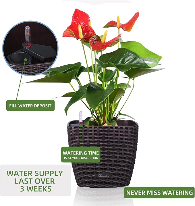 Dexceder 11x10 Self Watering Planter (Brown Rattan) | Inner Mat Design, Thickened Table Flower Plant Pot with Water Level Indicator Indoor Outdoor