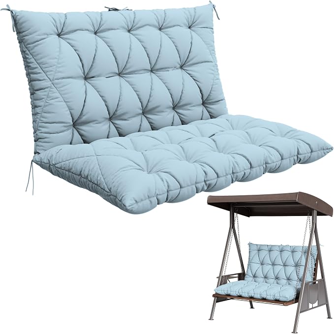Porch Swing Cushion with Backrest,Waterproof Bench Cushion for Outdoor Furniture,2-3 Seater Replacement Thickened 5 in swing cushion,with Ties,Patio,Outdoor,Backyard and Garden (Sky Blue,47x40 in)