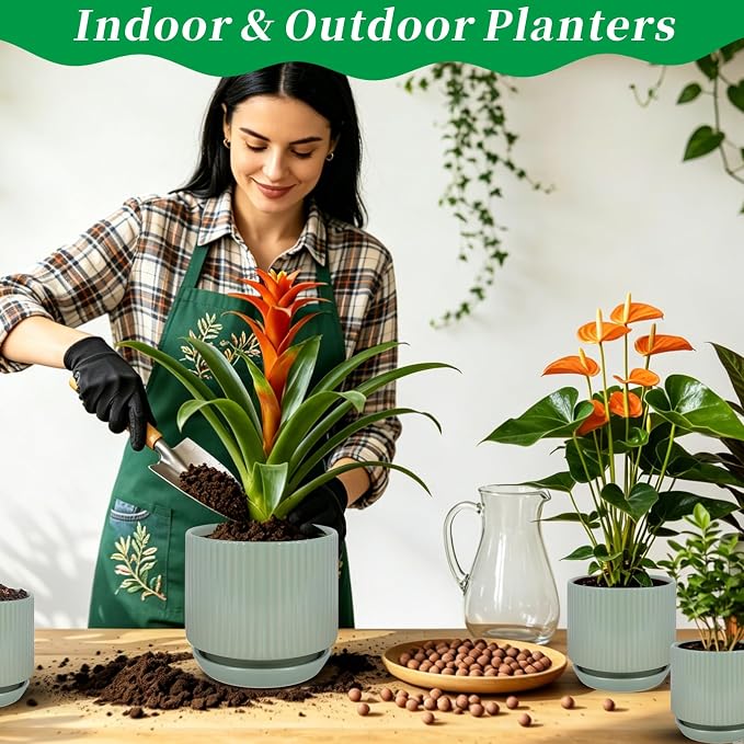 Ceramic-Flower-Pots-Sets-with-Saucer, 5/6/8 inch Small Planters for Indoor Plants with Drainage Hole, White Vertical Stripe Plant Pots for Home Decor, Outdoor Garden Pot For Succulent Cactus Herb