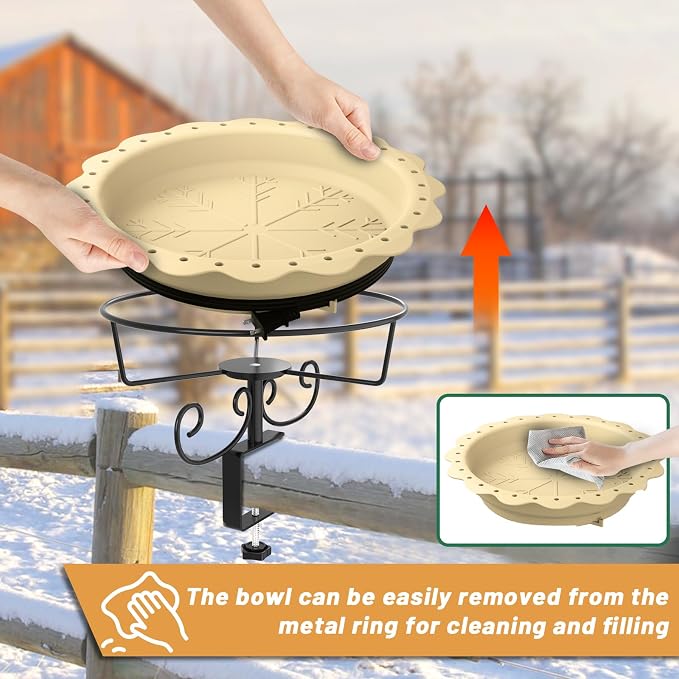 Heated Bird Baths for Outdoors, 100W Heated Bird Bath for Deck Railing, Heated Birdbath with Thermostat Control, Heated Bird Bath for Outside Winter Garden Patio Yard (Yellow)