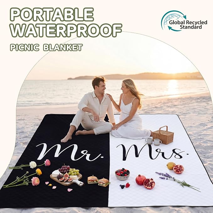 Waterproof Beach Blanket Picnic Outdoor Mat Bridal Shower Gifts Registry Bride Groom Name Newly Wed Must Haves Engagement Party Stuff Marriage Newlywed Couple Mr Mrs Honeymoon Elopement Essential