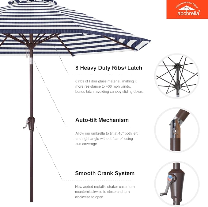 ABCCANOPY OLEFIN® 5-Year No Fading 9FT Patio Umbrella, Outdoor Table Umbrella with 8 Sturdy Ribs for Deck, Backyard, Yard (Navy Stripe)