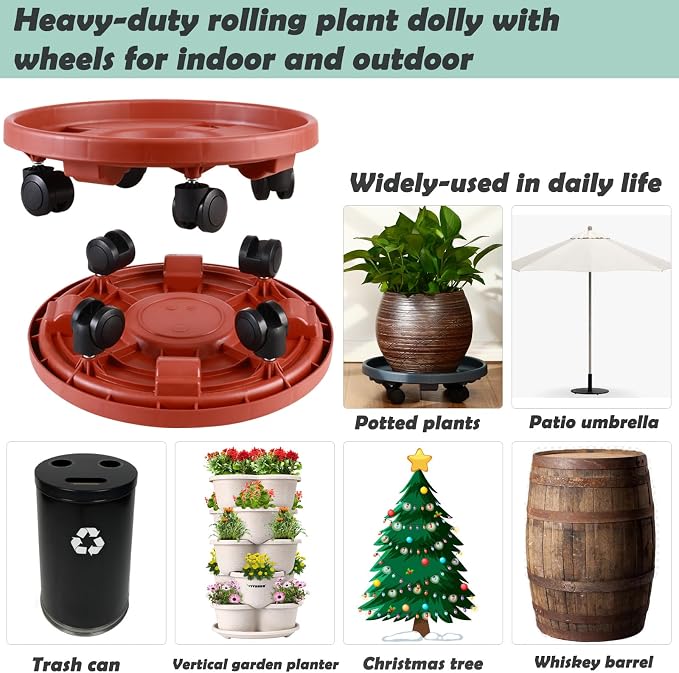 5 Pakcs Large Plant Caddy with Wheels 15.8" Rolling Plant Stands Heavy-duty Plastic Plant Roller Base Pot Movers Plant Saucer on Wheels Indoor Outdoor Plant Dolly with Caster Tray Coaster Red