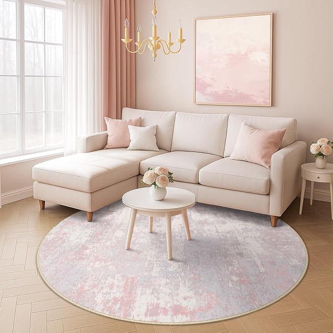 RELEANY Washable Round 6ft Area Rug for Living Room Gray Pink | Carpet for Bedroom, Kitchen, Office, Hallway and Entryway, Printed Pattern, Non‑Slip, Soft, Stain‑Resistant, Easy to Clean
