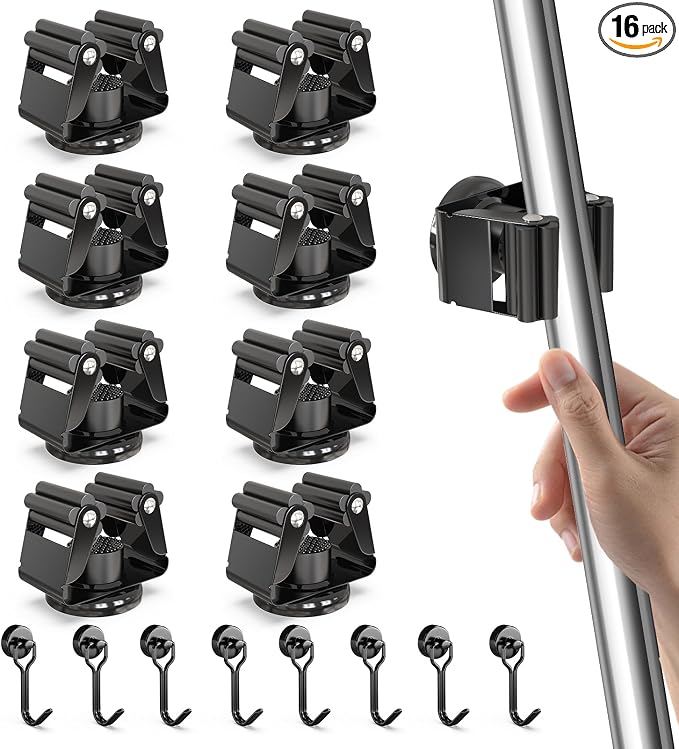 3-H Magnetic Broom Holder with Strong Magnetic Hook 16 Pack,Broom Holder Wall Mount for Garage Garden Shed Storage System Laundry Room Home Kitchen Organization(Black)
