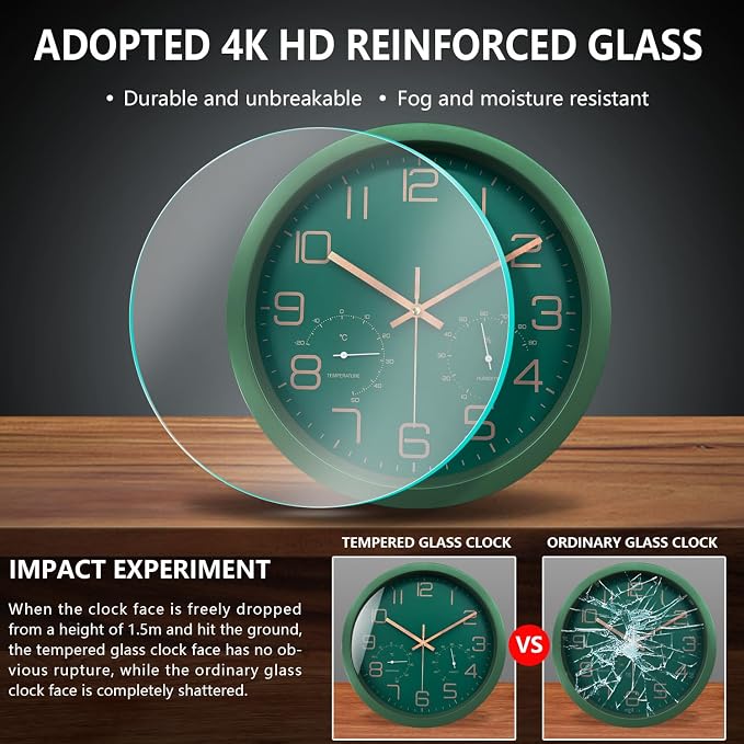12 Inch Silent Non-Ticking Wall Clock with Temperature and Humidity, Battery Operated Modern Analog Clock with Large Numbers for Bedroom Living Room Office Kitchen Farmhouse Outdoor, Green
