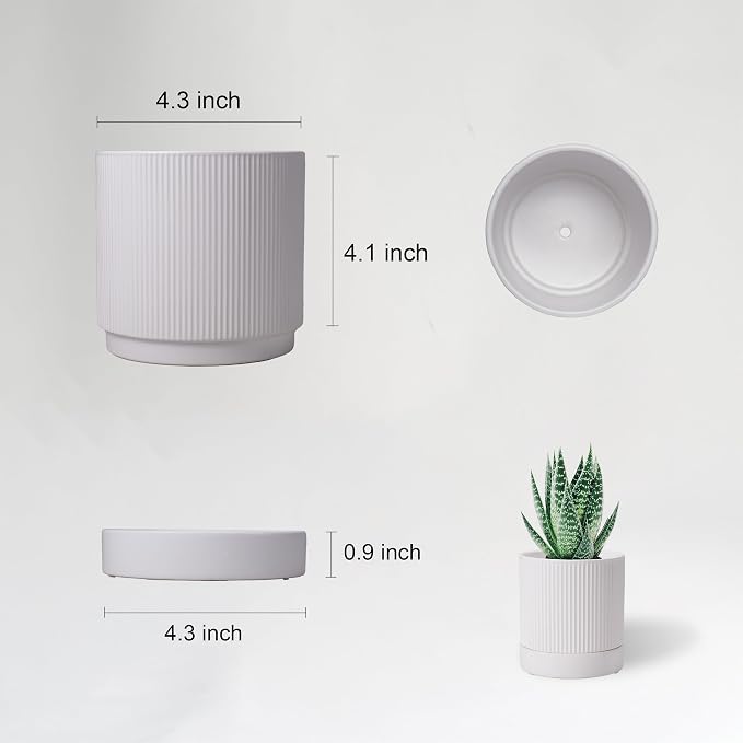 HERDUK Small Plant Pots, 4 Inch Pots for Indoor Plants, Modern Minimalist Ceramic Plant Pots with Drainage Hole & Saucer, White Set of 2
