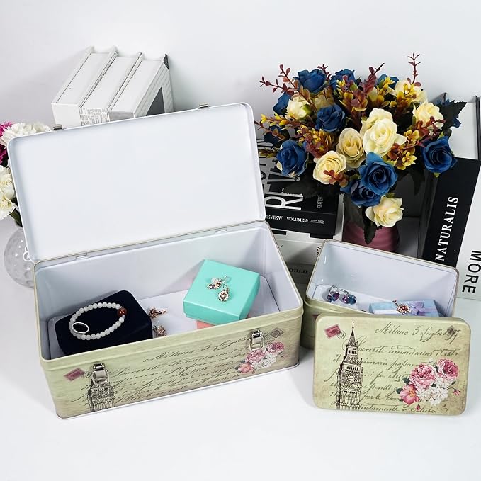 DreamsEden Tin Metal Keepsake Boxes, Vintage Decorative Storage Box with Lid for Keepsakes Memory Seed Tea Container, Set of 2
