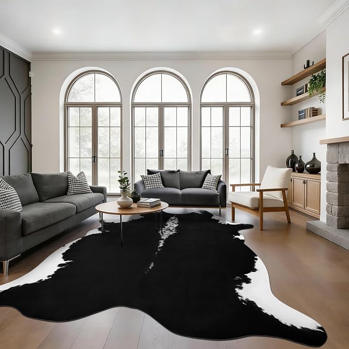 BENRON Faux Cowhide Rug, Cow Print Rug for Living Room Bedroom 5.2x6.2ft | Western cow hide rug for Cowboy Cowgirl Home Decor, Washable Rugs with Irregular Animal Skins and Hides Non Slip, Black