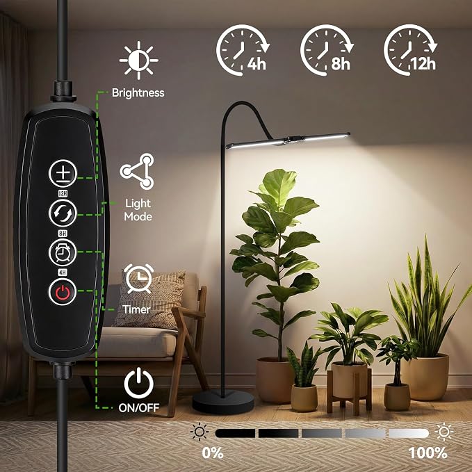 3CCT Grow Lights for Indoor Plants, 168 Full Spectrum LED Plant Light for Indoor Growing with 180° Expandable Lamp Head, 4/8/12H, Dimmable, 67in Tall Adjustable Standing Grow Light with 360° Gooseneck