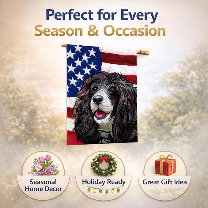 Caroline's Treasures CK6679CHF Russian Spaniel Dog American Flag House Flag Large Porch Sleeve Pole Decorative Outside Yard Banner Artwork Wall Hanging, Polyester, House Size, Multicolor
