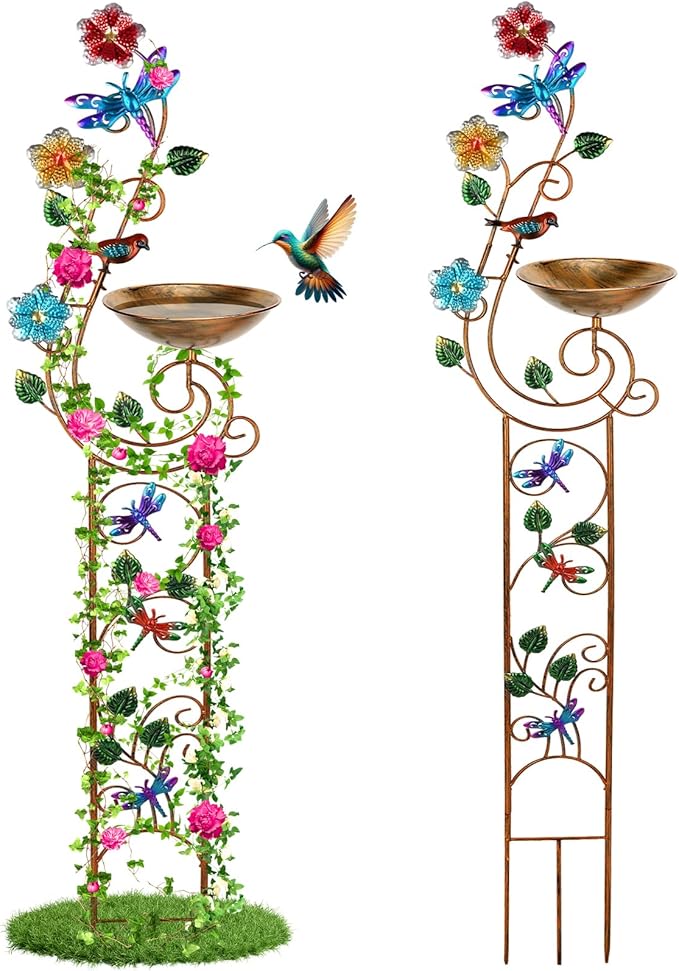 YADOOLIFE 57” Bird Bath with Garden Trellis for Climbing Plants Outdoor, Small Decorative Trellises Metal Birdbath Bird Baths, 1 Piece (Dragonfly)