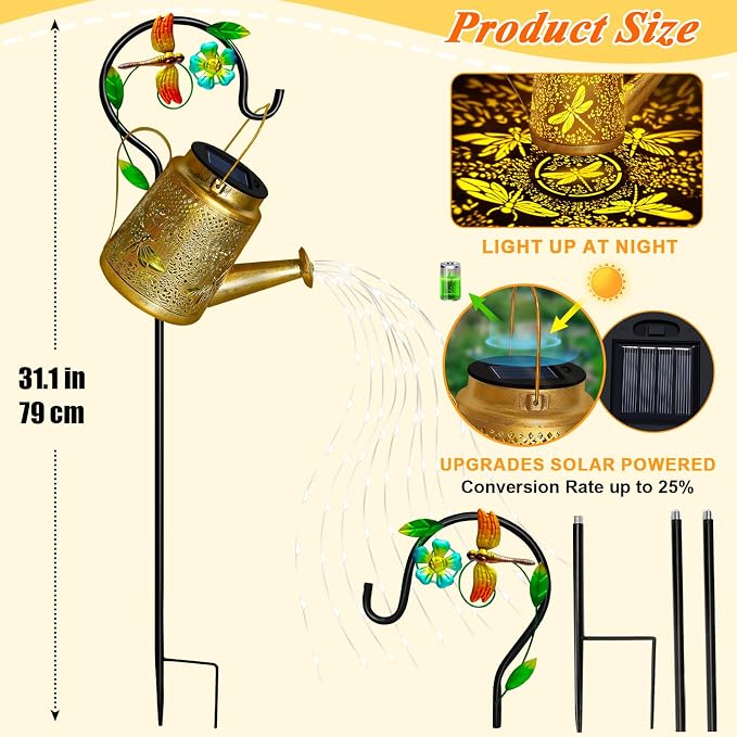 Solar Lanterns Dragonfly Outdoor Garden Decor, Mothers Day Gifts for Women Mom Grandma Birthday, Large Frog Hanging Watering Can with Shepherd Hook, Waterproof Garden Lights for Outdoor Yard